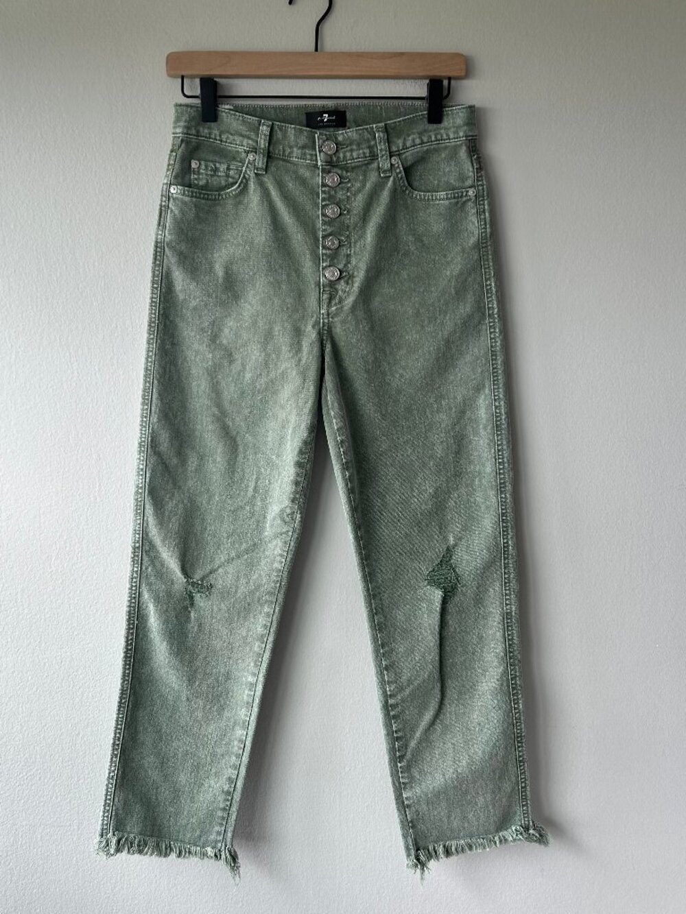 7 For All Mankind High Waist Cropped Straight Jeans Green Frayed Hem Size 28